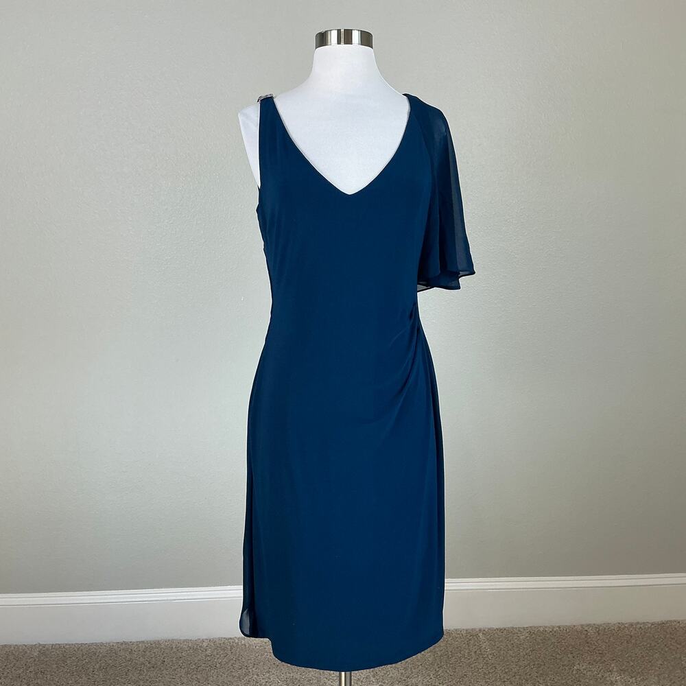 Ralph Lauren Ruffled Beaded Draped V-Neck Midi Sheath Cocktail Dress Blue Size 8 - Picture 2 of 12